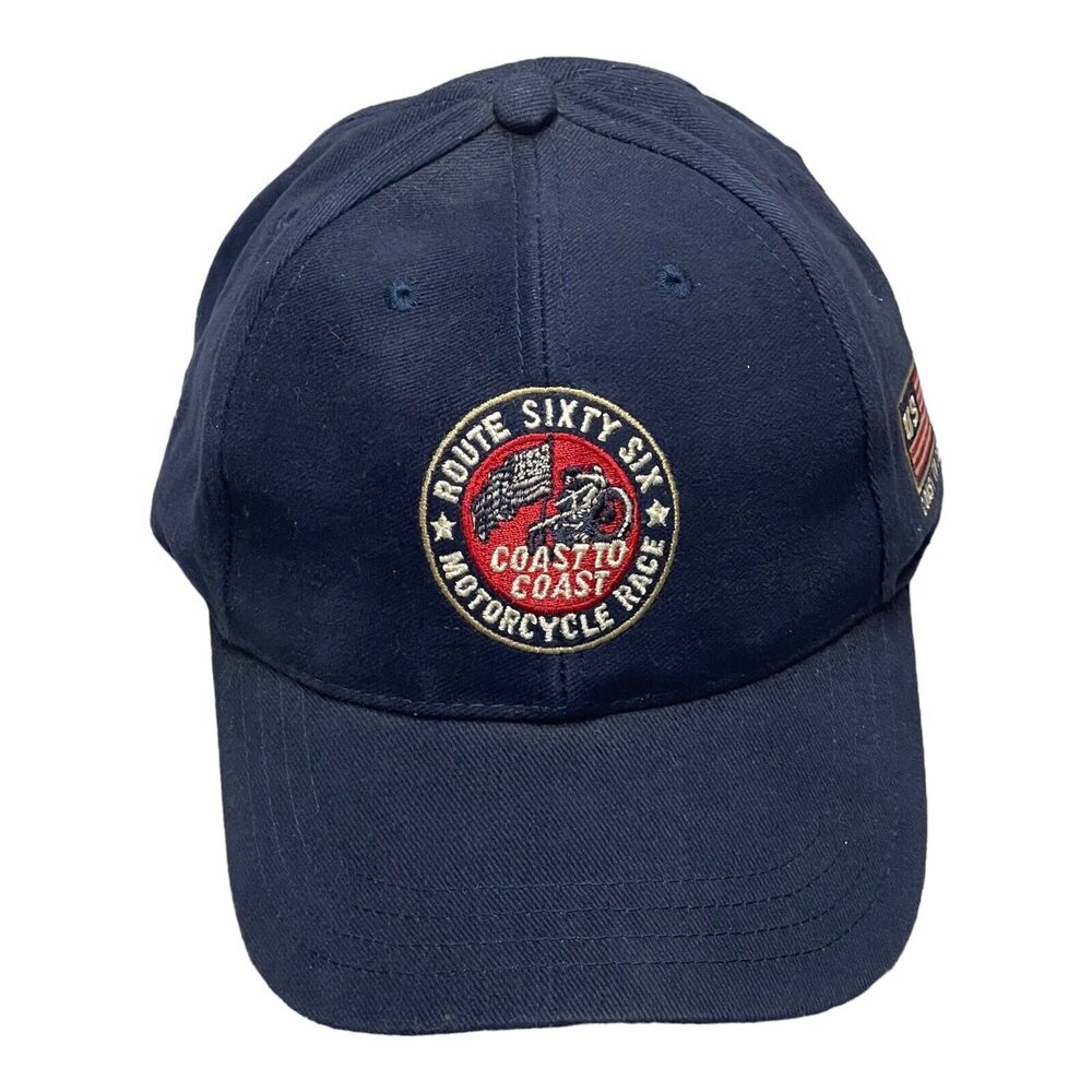 Embroidered Highway Route 66 Cap Blue Hat Adjustable Hook Loop Adults